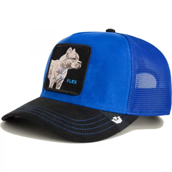 Gorra trucker azul y negra perro pitbull Flex Pitbull Suede The Farm de Goorin Bros.