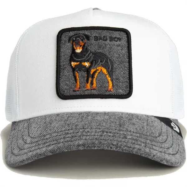 Gorra trucker blanca y gris perro rottweiler Bad Boy Denim The Farm de Goorin Bros. - Imagen 3