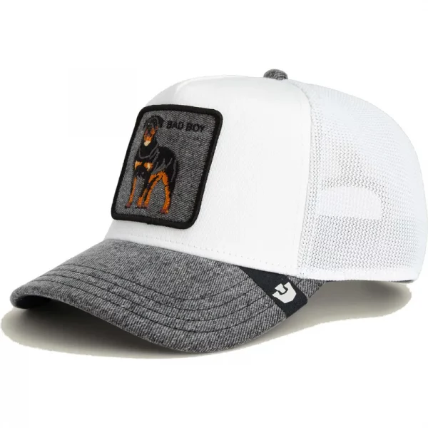 Gorra trucker blanca y gris perro rottweiler Bad Boy Denim The Farm de Goorin Bros.