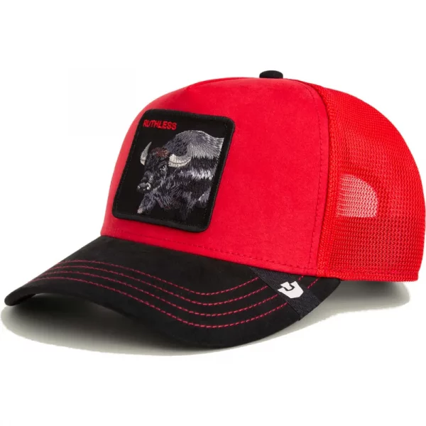 Gorra trucker roja y negra búfalo Ruthless Buffalo Suede The Farm de Goorin Bros.