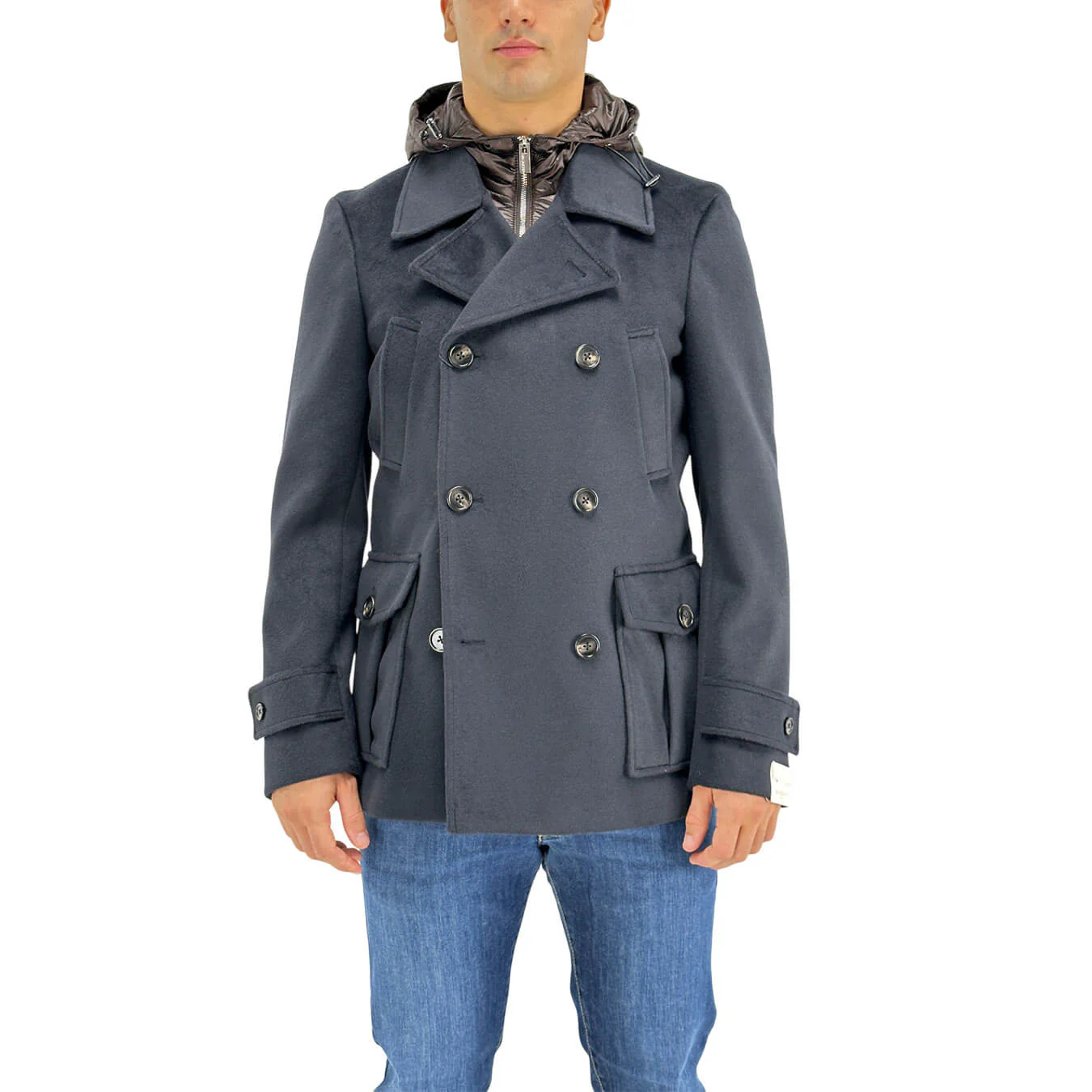 Abrigo Markup Peacoat paño doble tejido con gorro Marino