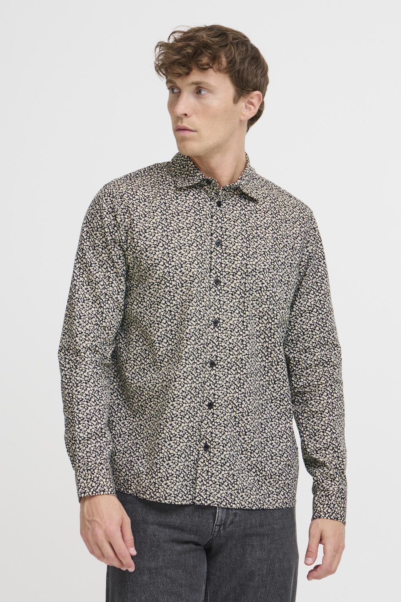 Camisa Blend con micro estampado floral marino